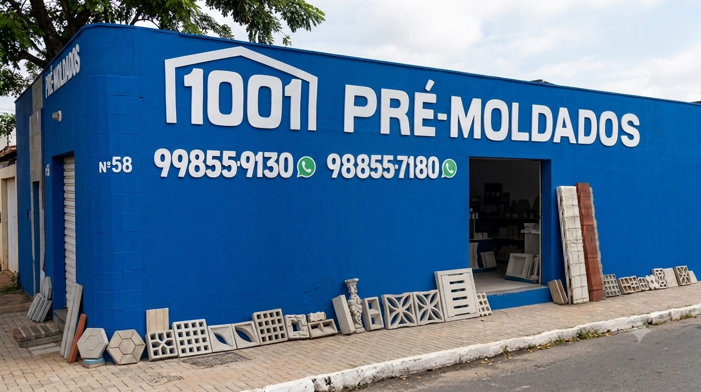 Fachada da loja 1001 Pré-Moldados, com mostruário de peças na calçada